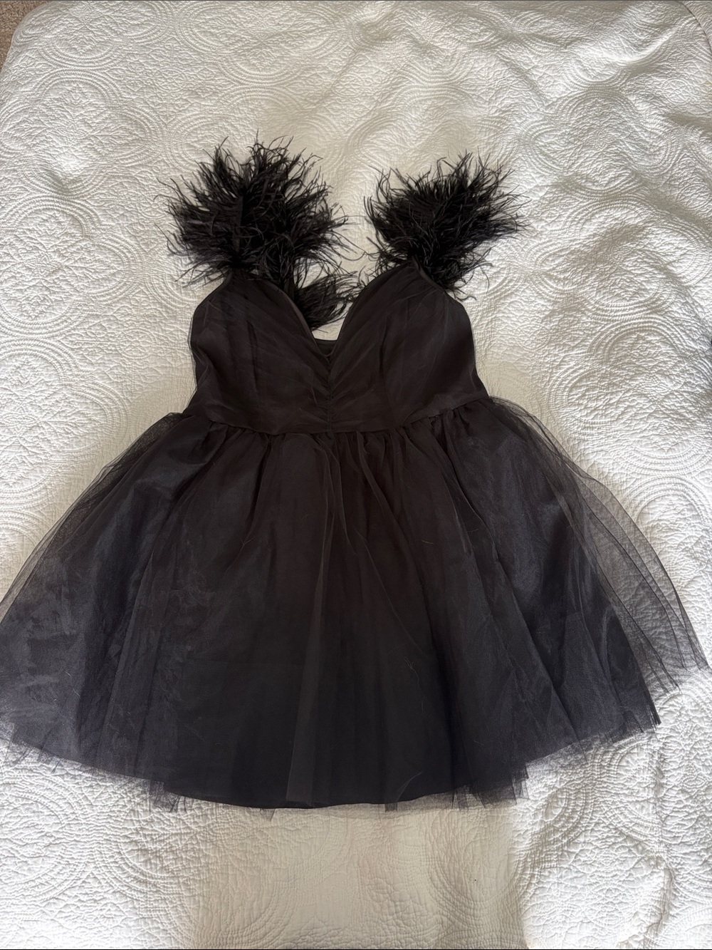Fashion Nova Black Feather-Trim Tulle Party Dress